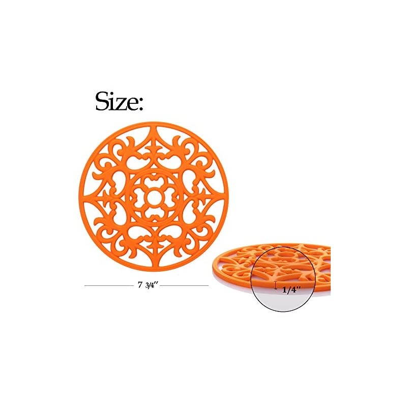 3 Set Silicone Multi-Use Intricately Carved Trivet Mat - Insulated Flexible Durable Non Slip Coasters (Orange)