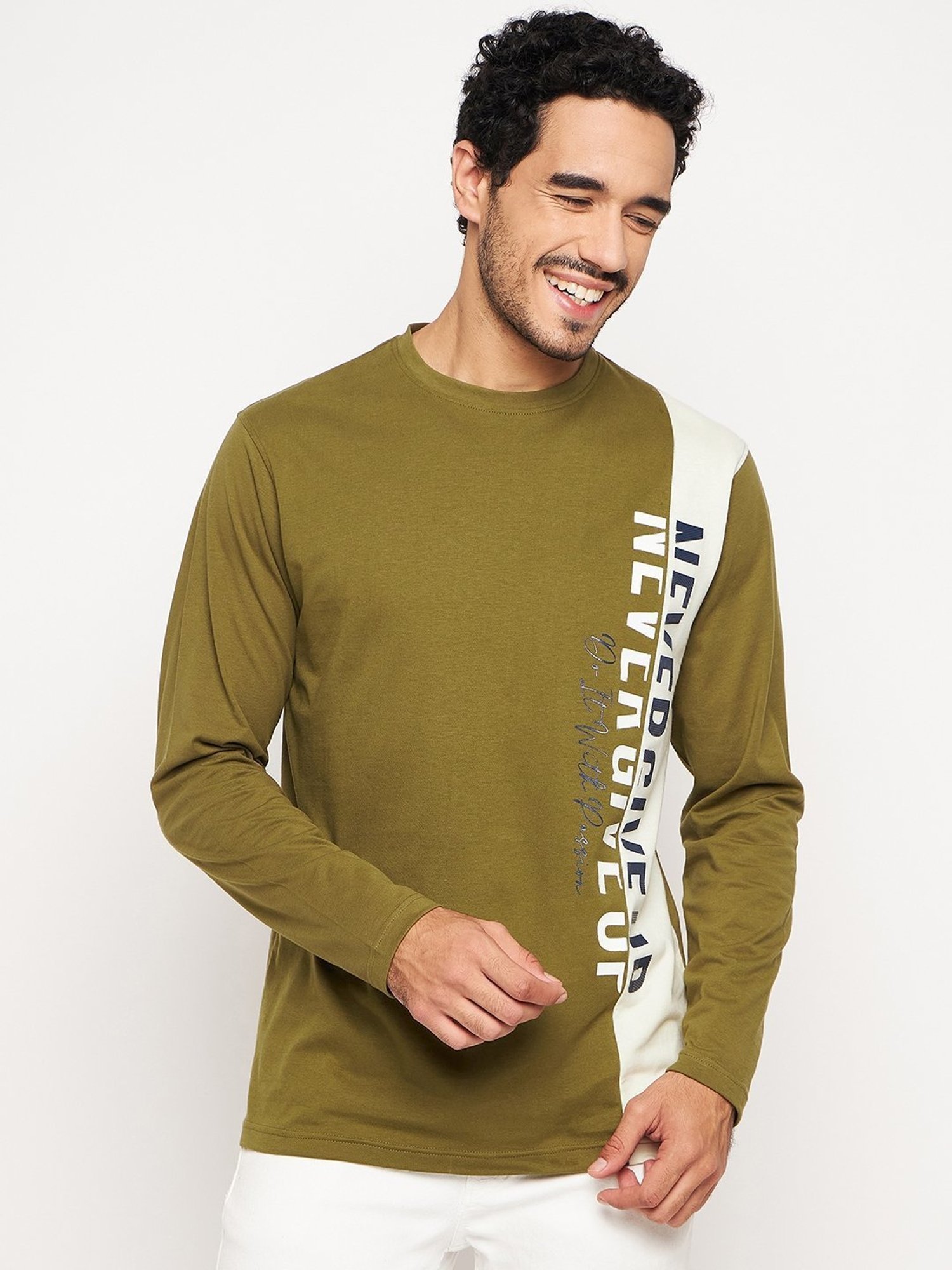 Club York Olive Cotton Regular Fit Printed T-Shirt
