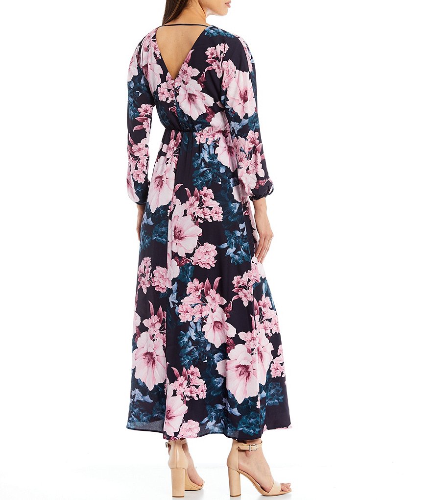 Kensie Floral Long Balloon Sleeve V-Neck Crepe de Chine Maxi Dress