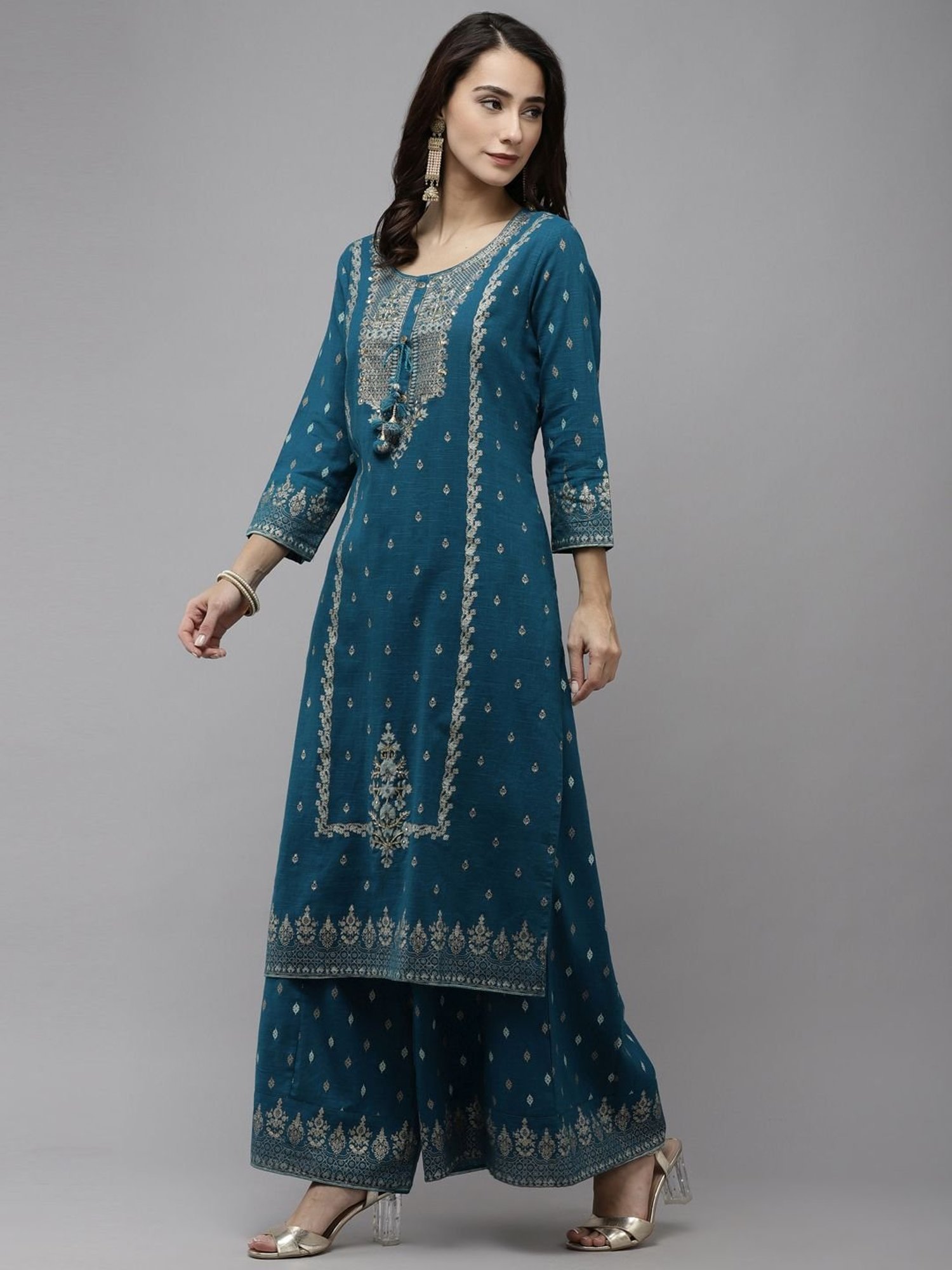 Ishin Blue Pure Cotton Embellished Kurta Sharara Set With Dupatta