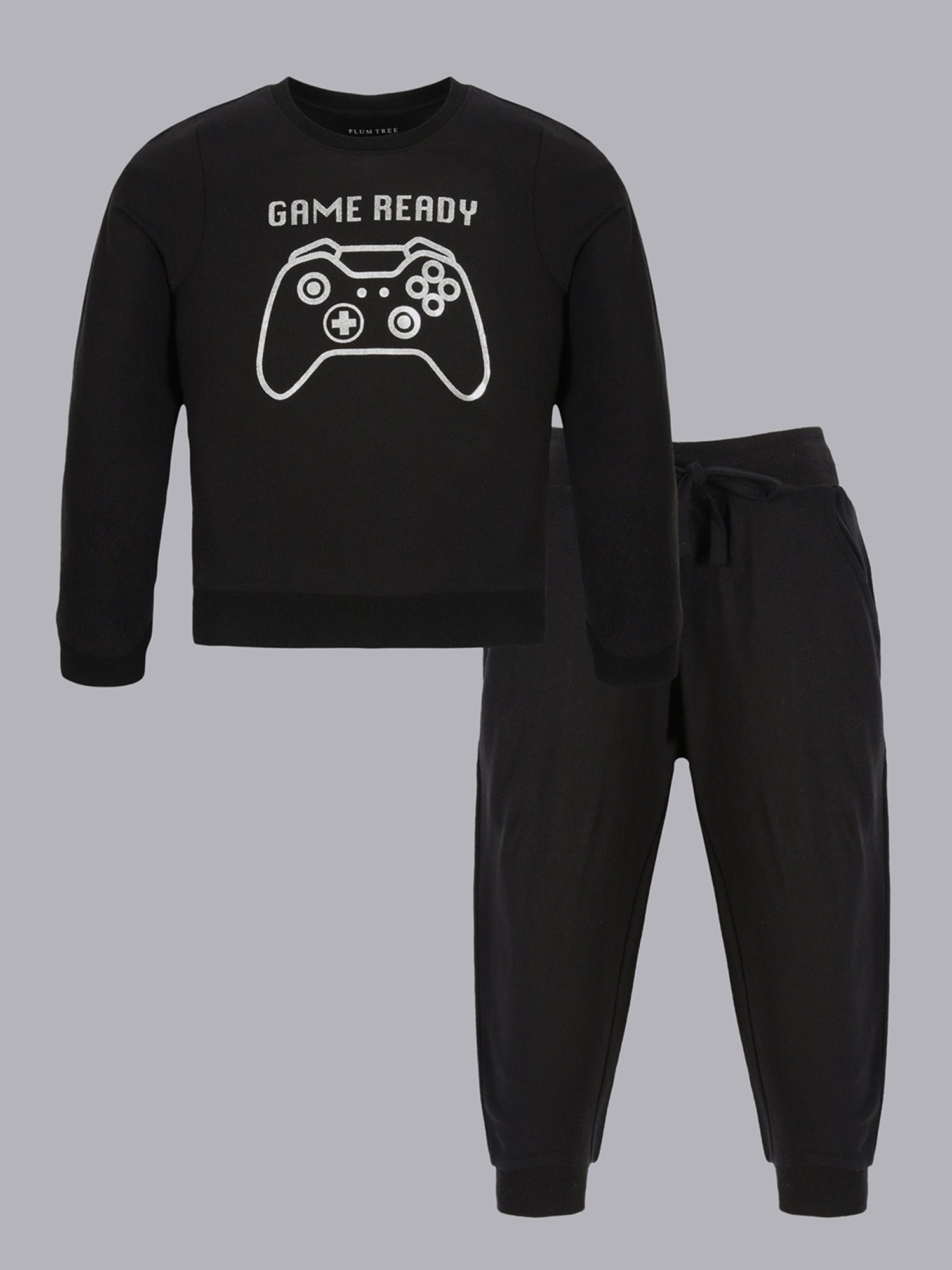 Plum Tree Boys Black Printed Full Sleeves T-Shirt with Joggers