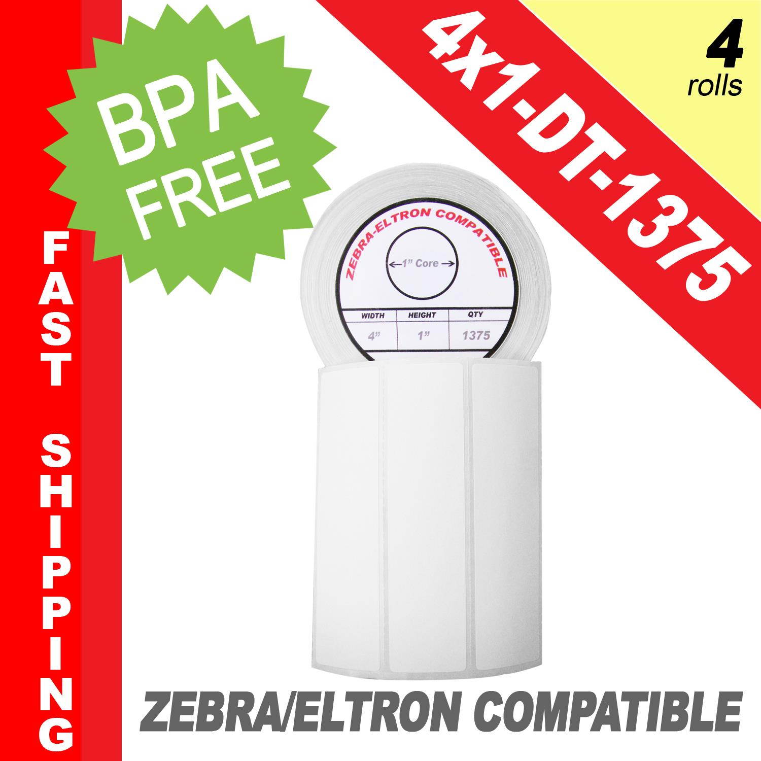 Zebra/Eltron-Compatible 4 x 1 Labels (4" x 1") -- BPA Free! (4 Rolls; 1,375 Labels per Roll)