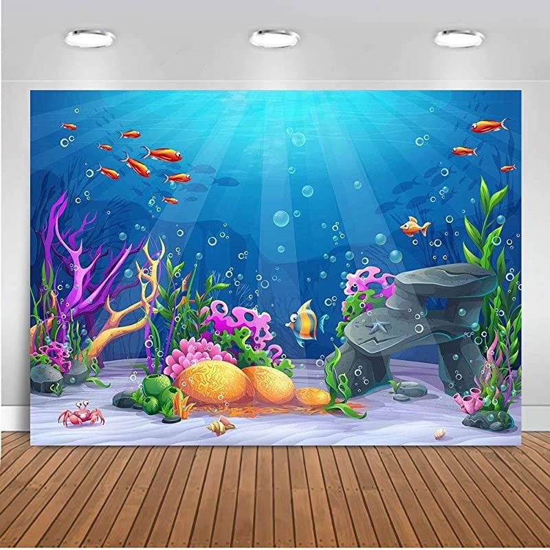 7X5ft Underwater World Backdrop Colorful Coral Reef Sea Fishes Photography Background Child Kids Mermaid Themed Birthday Party Backdrop Baby Shower Wallpaper Studio Photo Booth Props CHE008