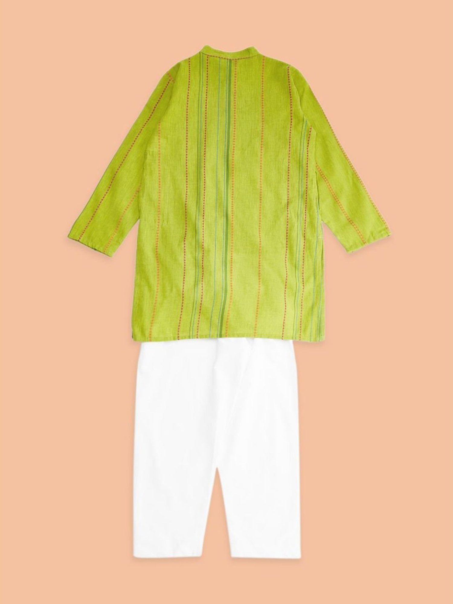 Indus Route by Pantaloons Kids Lime Green & White Cotton Printed Full Sleeves Kurta Set
