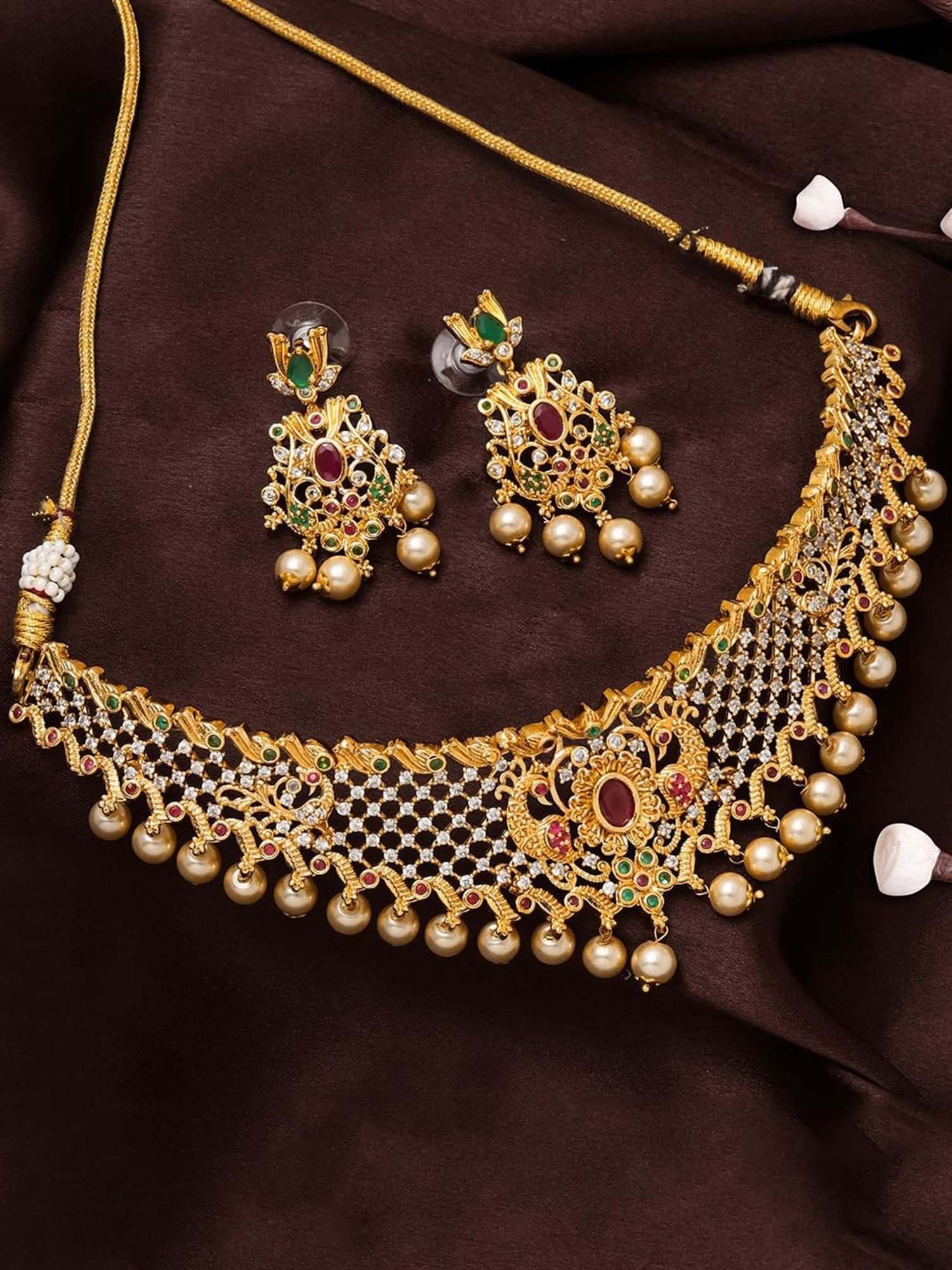 Estele Gold-Plated CZ Sleek Designer Bridal Choker Set with Pearls & Crystals for Women