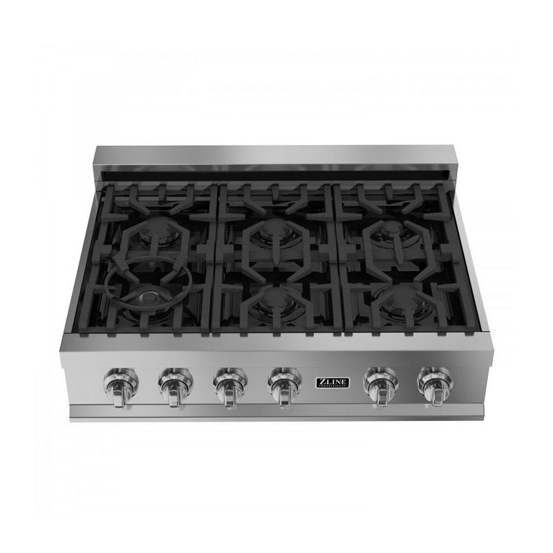 ZLINE RT36 36-Inch Porcelain Rangetop with 6 Gas Cooktop Italian Burners with Cast Iron Grill Stovetop, Stainless Steel