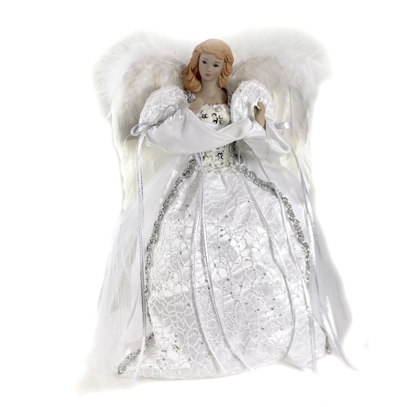 Tree Topper Finial 14.0" White/ Silver Angel Tree Topper Free Standing Feather Wings  -  Tree Toppers