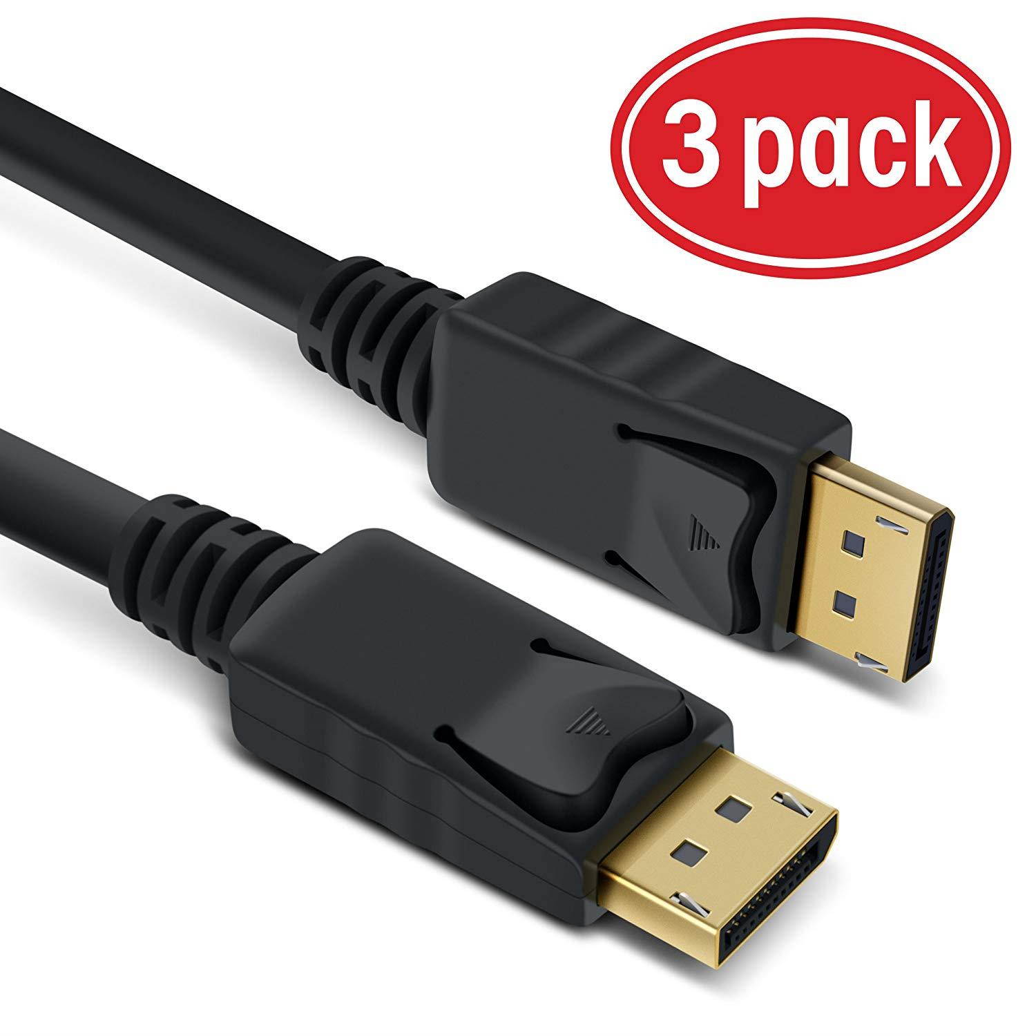 GearIT 3-Pack, Gold Plated DisplayPort to DisplayPort Cable 10 Feet - 4K Resolution Ready (DP to DP Cable) Black