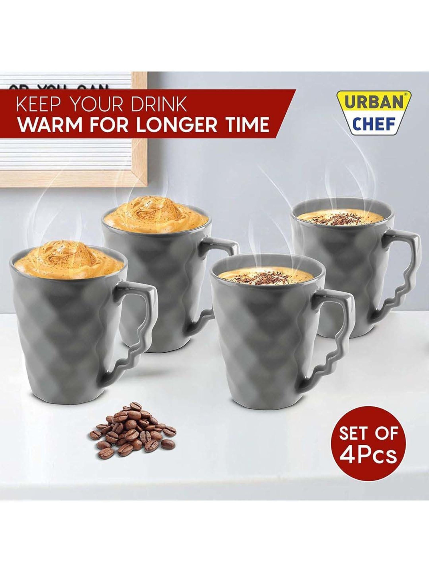Urban Chef Grey Ceramic Microwave Safe Coffee Mug (0.225 L) - Set of 4