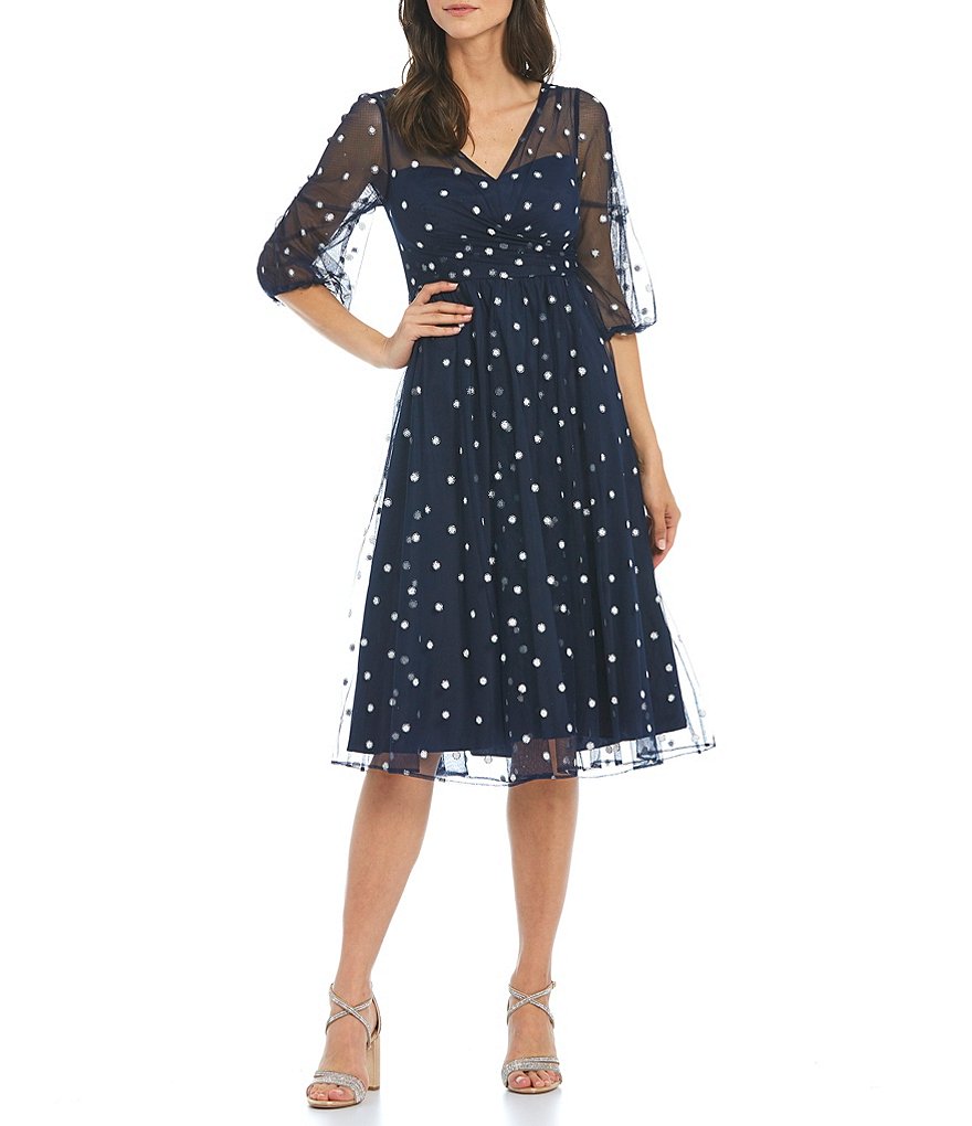 Adrianna Papell V-Neck 3/4 Sleeve Metallic Dot Faux Wrap Midi Dress