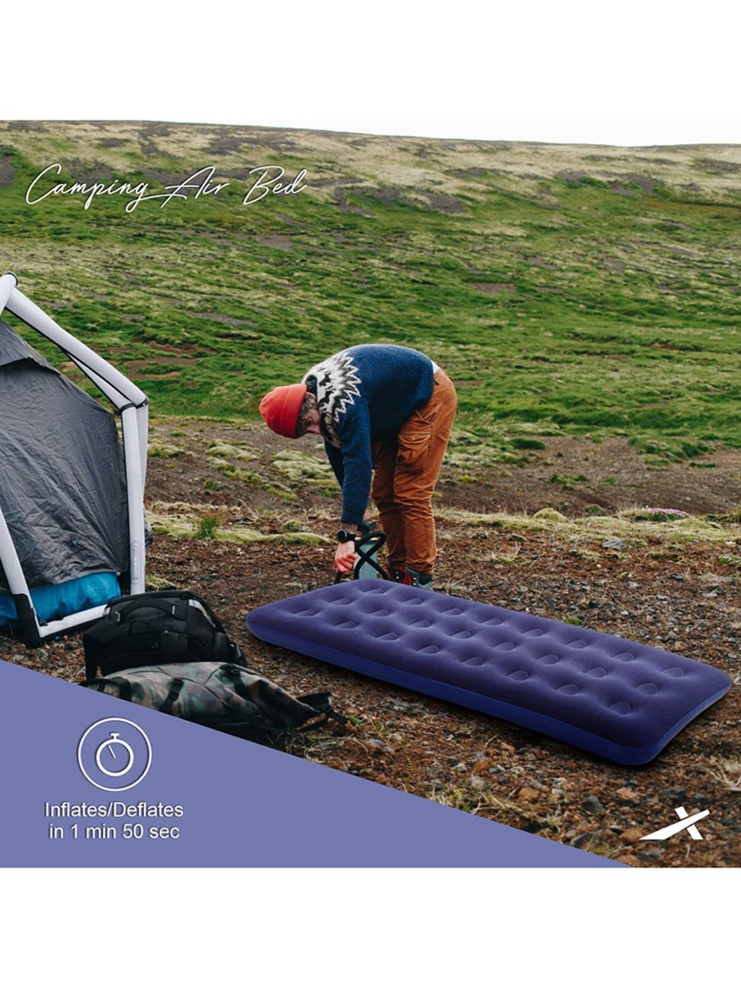 Vector X Camping-Tracking Inflatable Air Bed Mattress with Foot Pump (Blue) Size - 191x73 cm