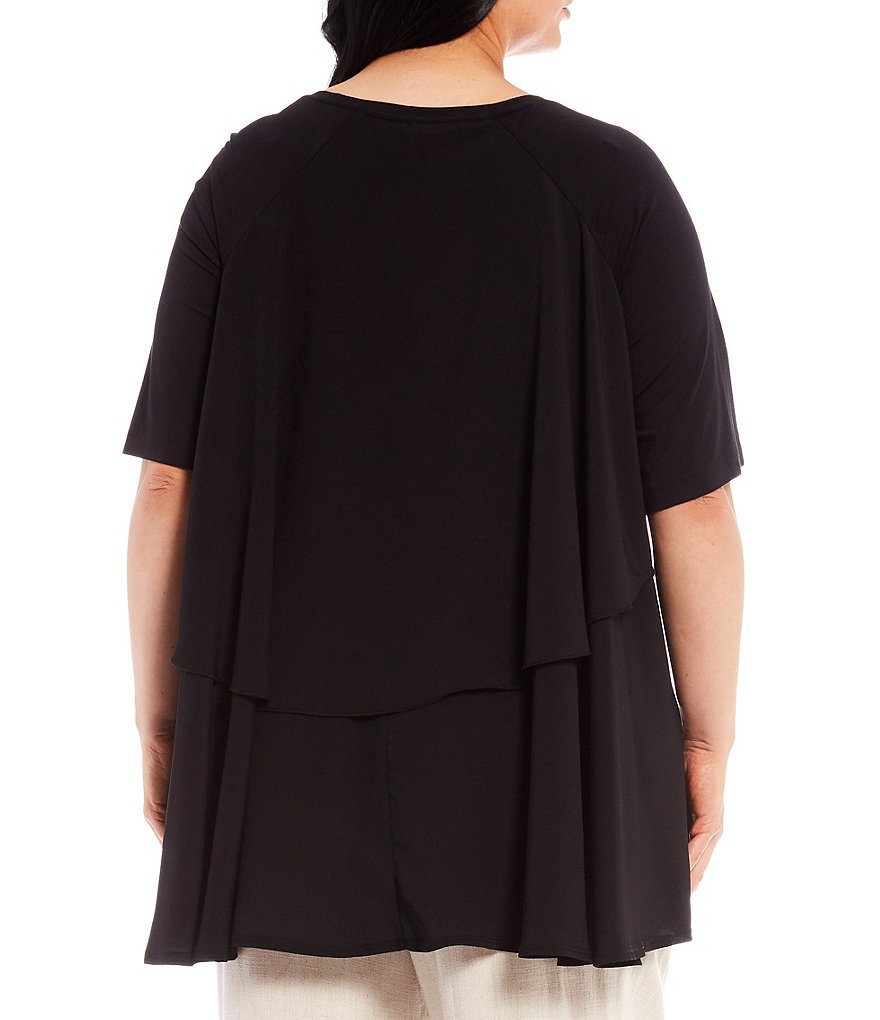 John Mark Plus Size Crew Neck Raglan Short Sleeve Chiffon Back Hi-Low Hem Top