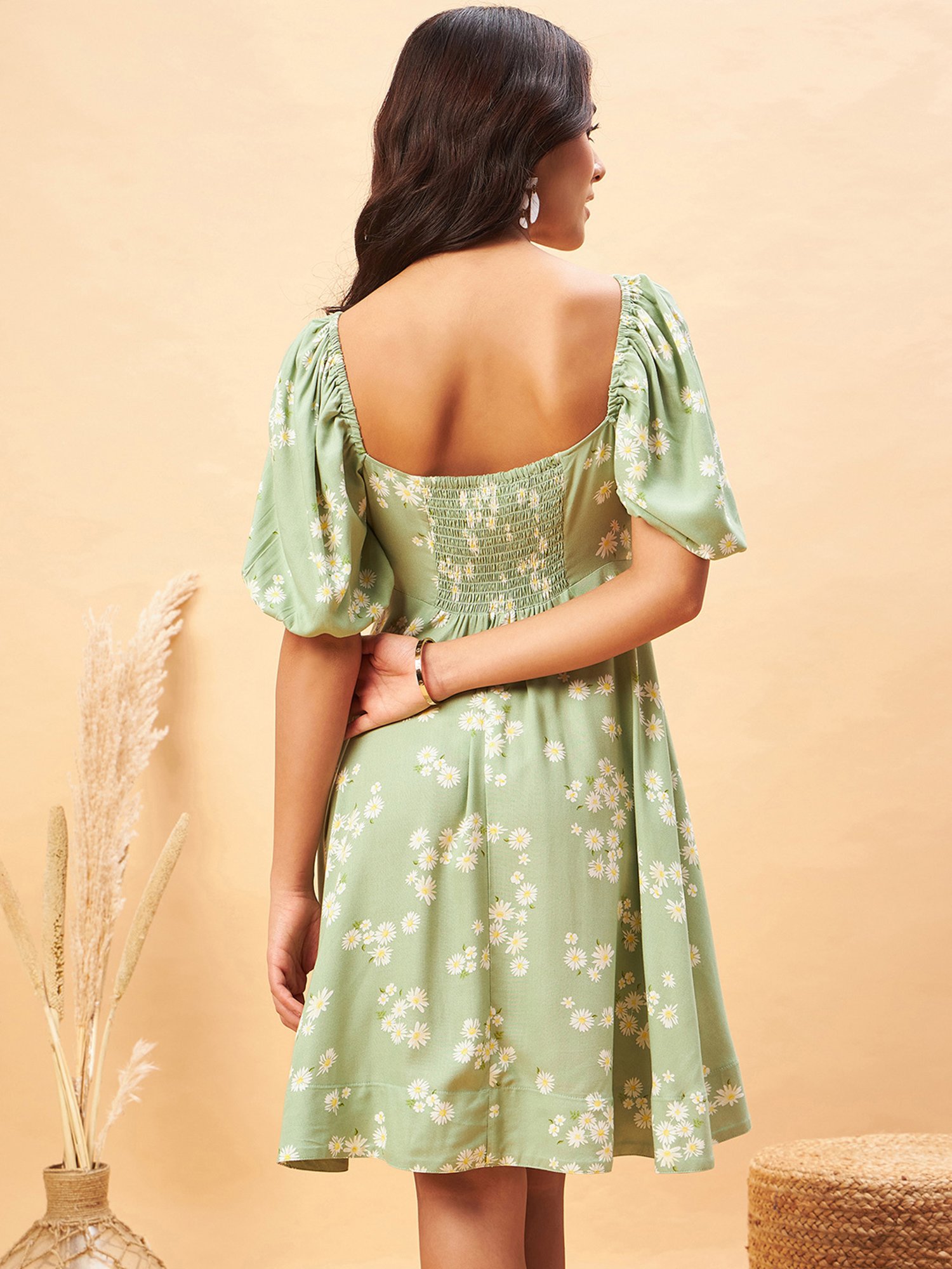 Magre Light Green Floral Print A Line Dress