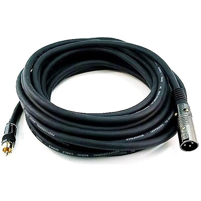XLR Male to RCA Male Cable - 25 Feet - Black With E21Gold Plated Connectors | 16AWG Shielded Twisted Pair Oxygen-Free Copper Braid Conductors - Premier Series