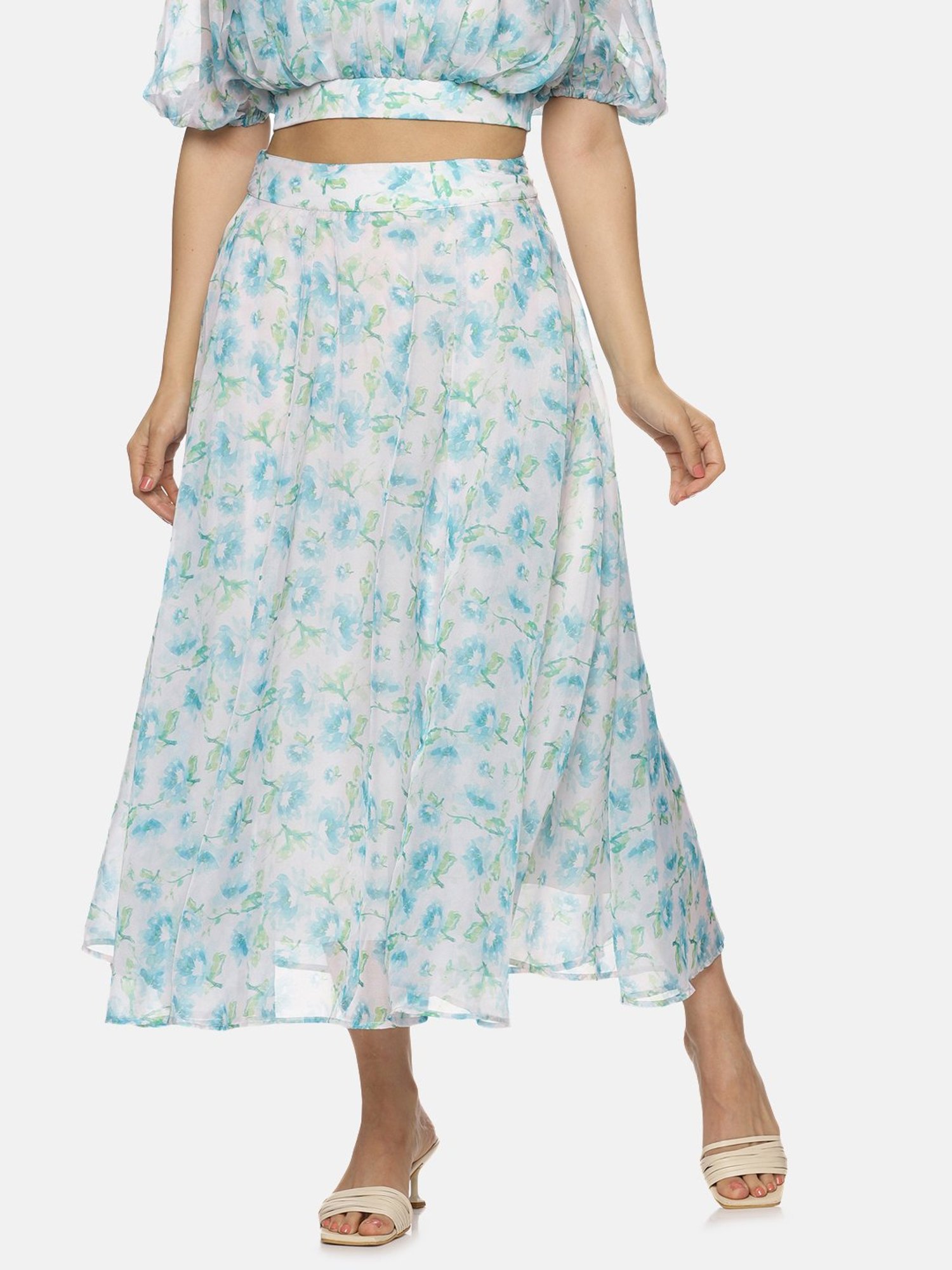 ISU White Floral Print A Line Maxi Skirt