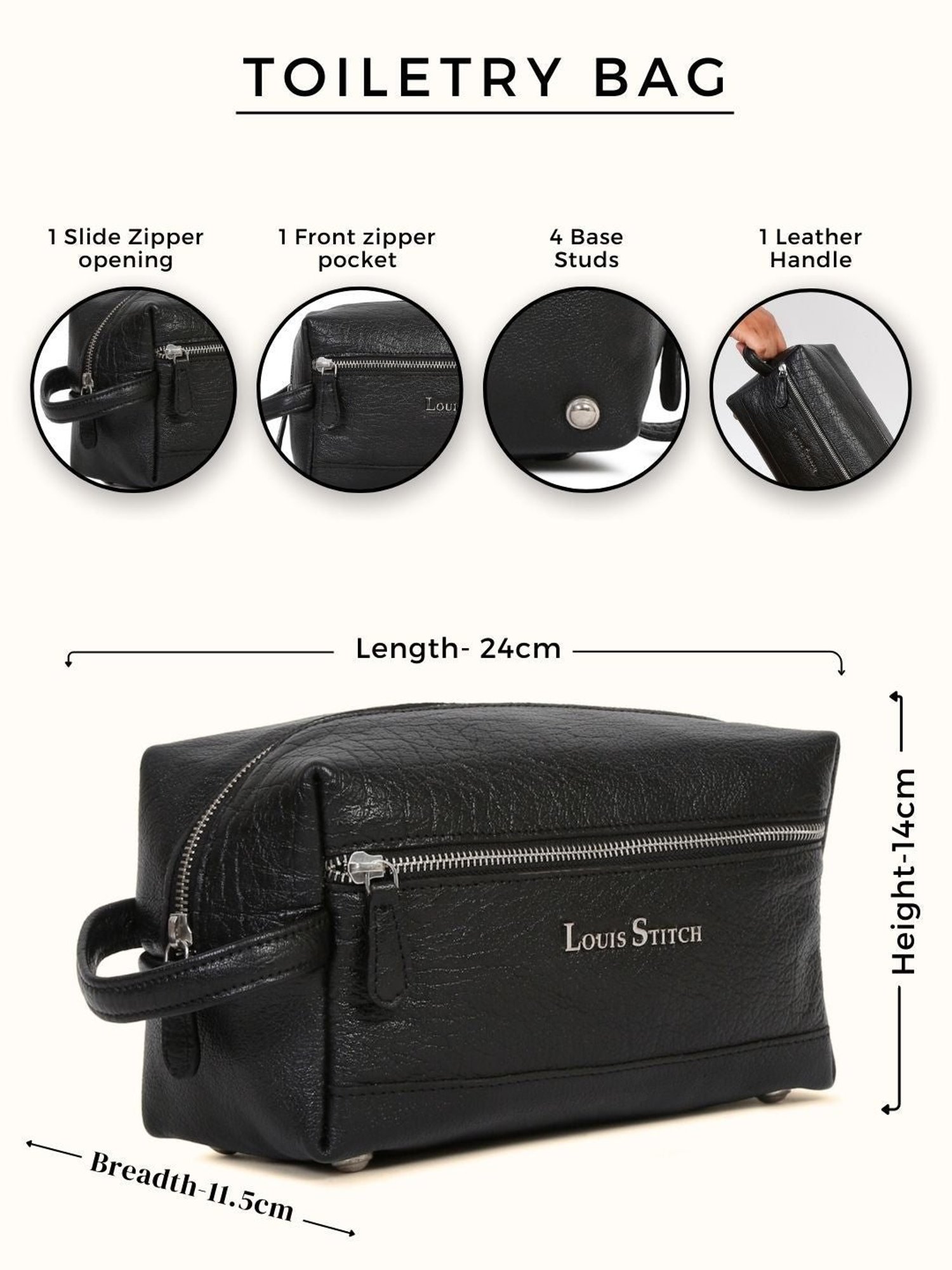 Louis Stitch Jet Black Leather Medium Toiletry Pouch