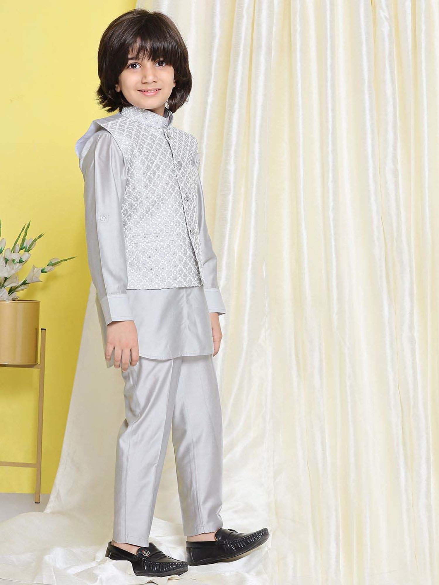 AJ Dezines Kids Grey Embroidered Full Sleeves Kurta Set