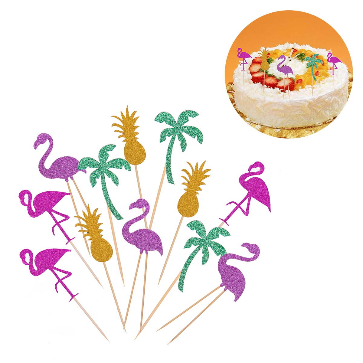 12pcs Hawaii Cake Tooper Flamingo Pineapple Coconut Tree Cake Picks for Luau Beach Party