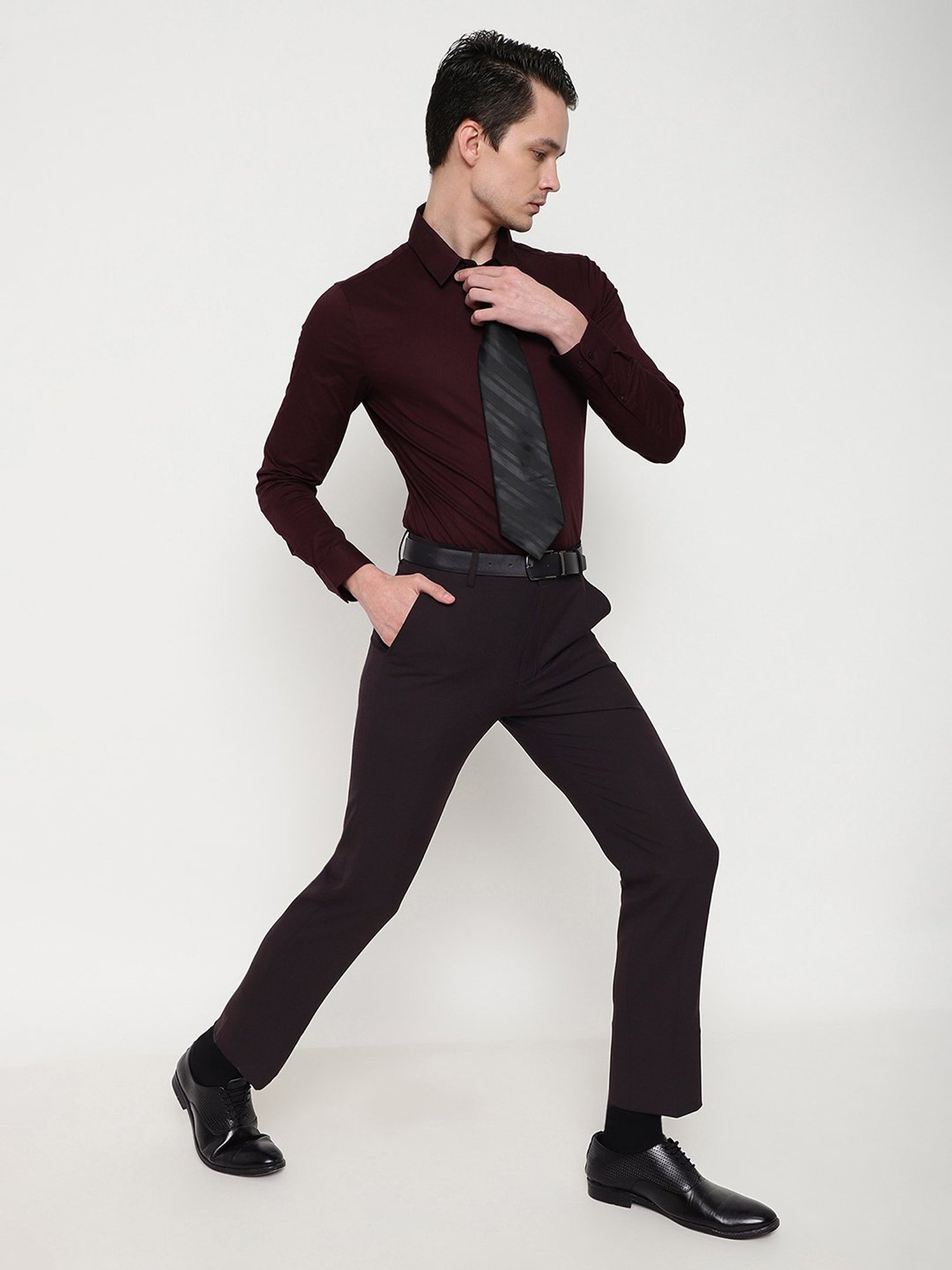SUBTRACT Dark Wine Slim Fit Flat Front Trousers