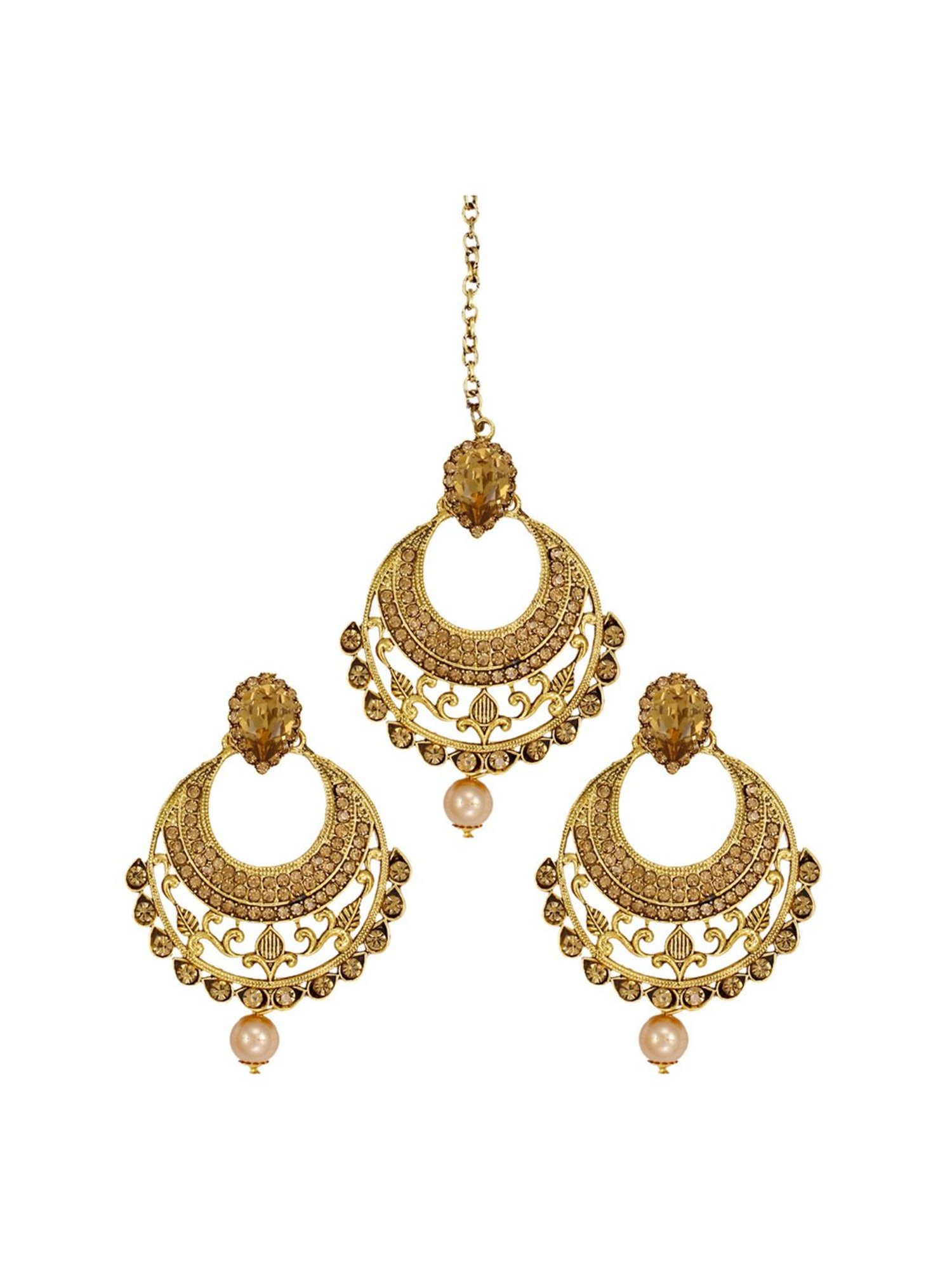 Zaveri Pearls Champagne Gold Alloy Earring & Maang Tikka Set