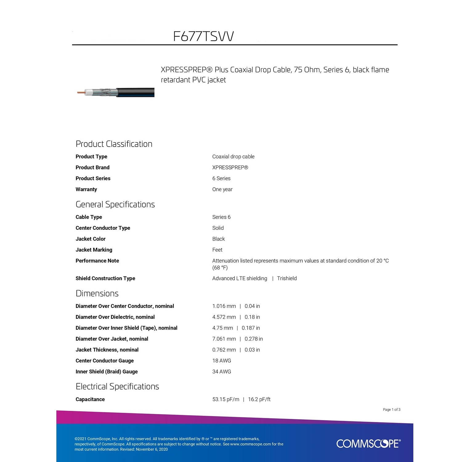 1000 FT Commscope F677TSVV TRI-SHIELD RG6 Coaxial 18AWG 75 OHM Black