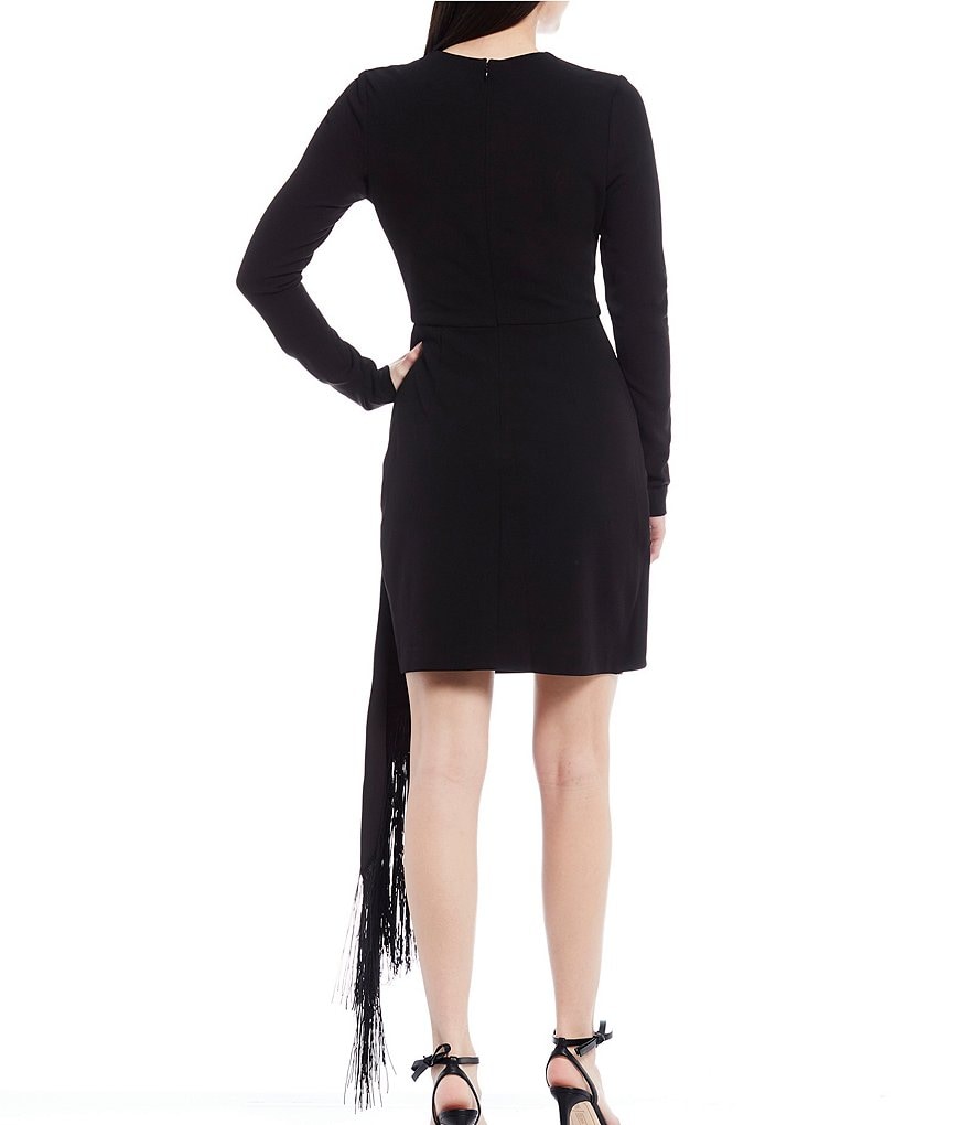 Belle Badgley Mischka Alex Long Sleeve Crew Neck Cocktail Fringe Dress