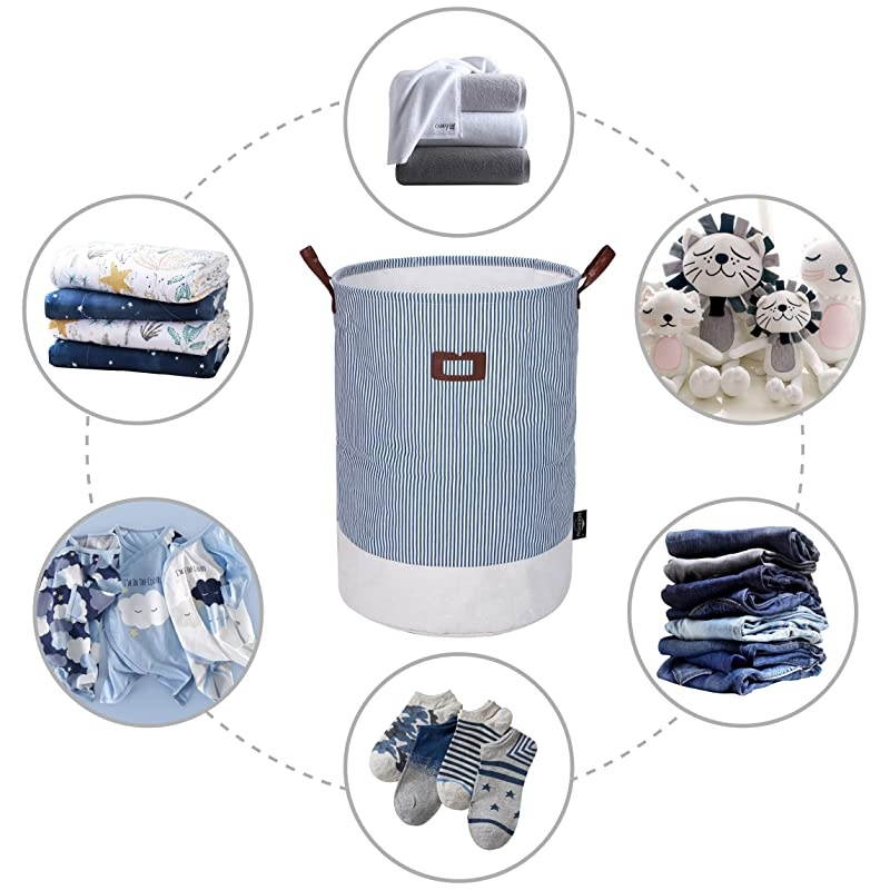 22Inches Thickened XLarge Laundry Basket 9 Colors with Durable Leather Handle Drawstring Waterproof Round Cotton Linen Collapsible Storage Basket Navy Blue XL