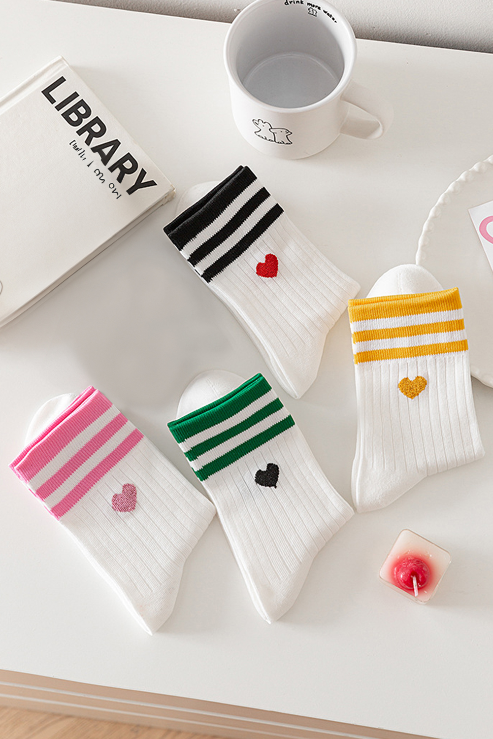 White Heart Striped Cotton Crew Socks 4pcs
