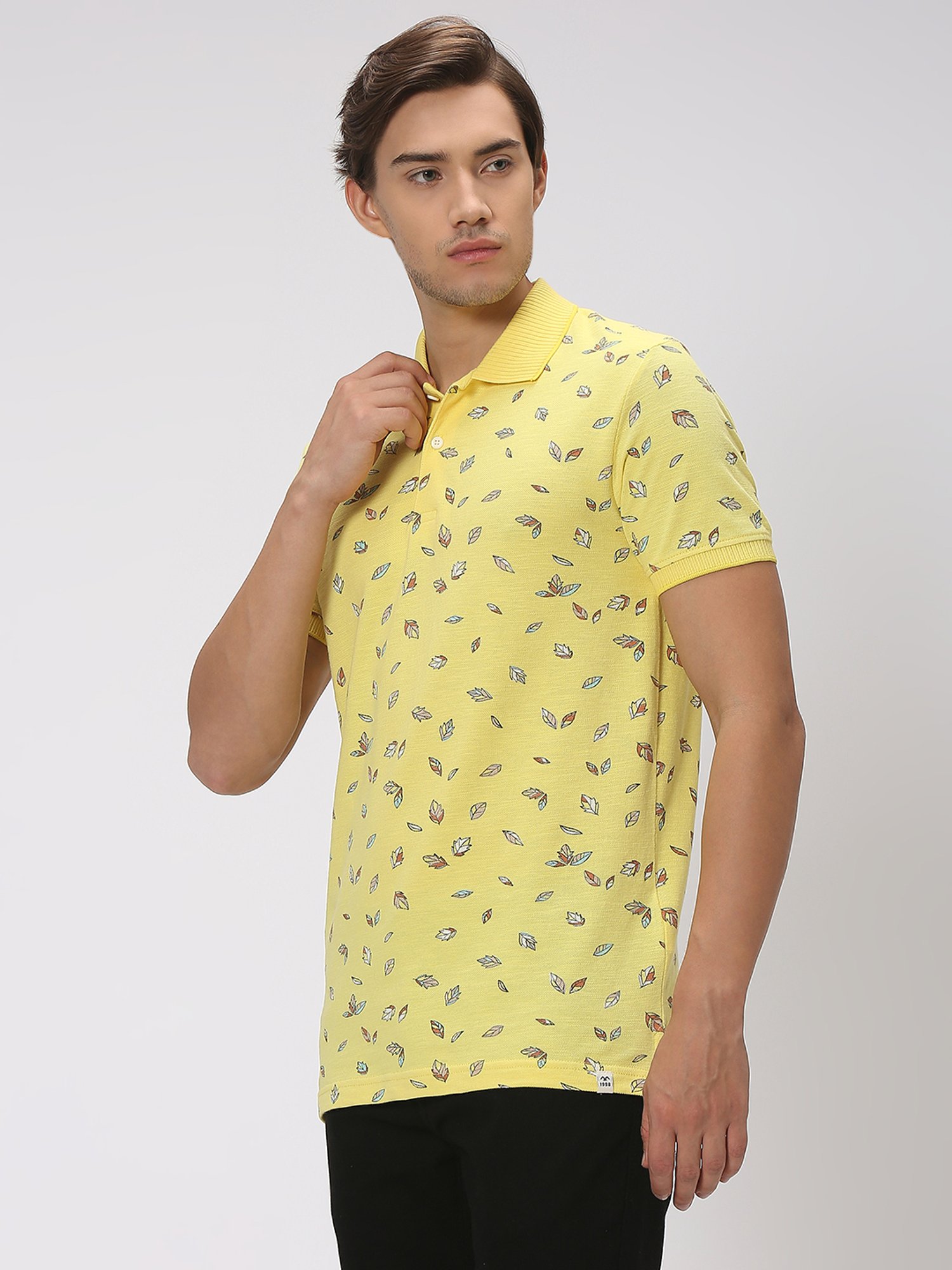 Mufti Yellow Slim Fit Printed Cotton Polo T-Shirt