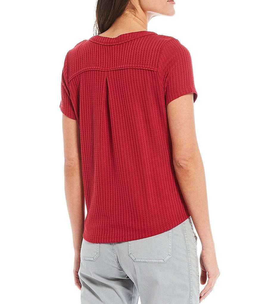 Aventura Ayla V-Neck Short Sleeve Waffle Knit Button-Tie Front Tee