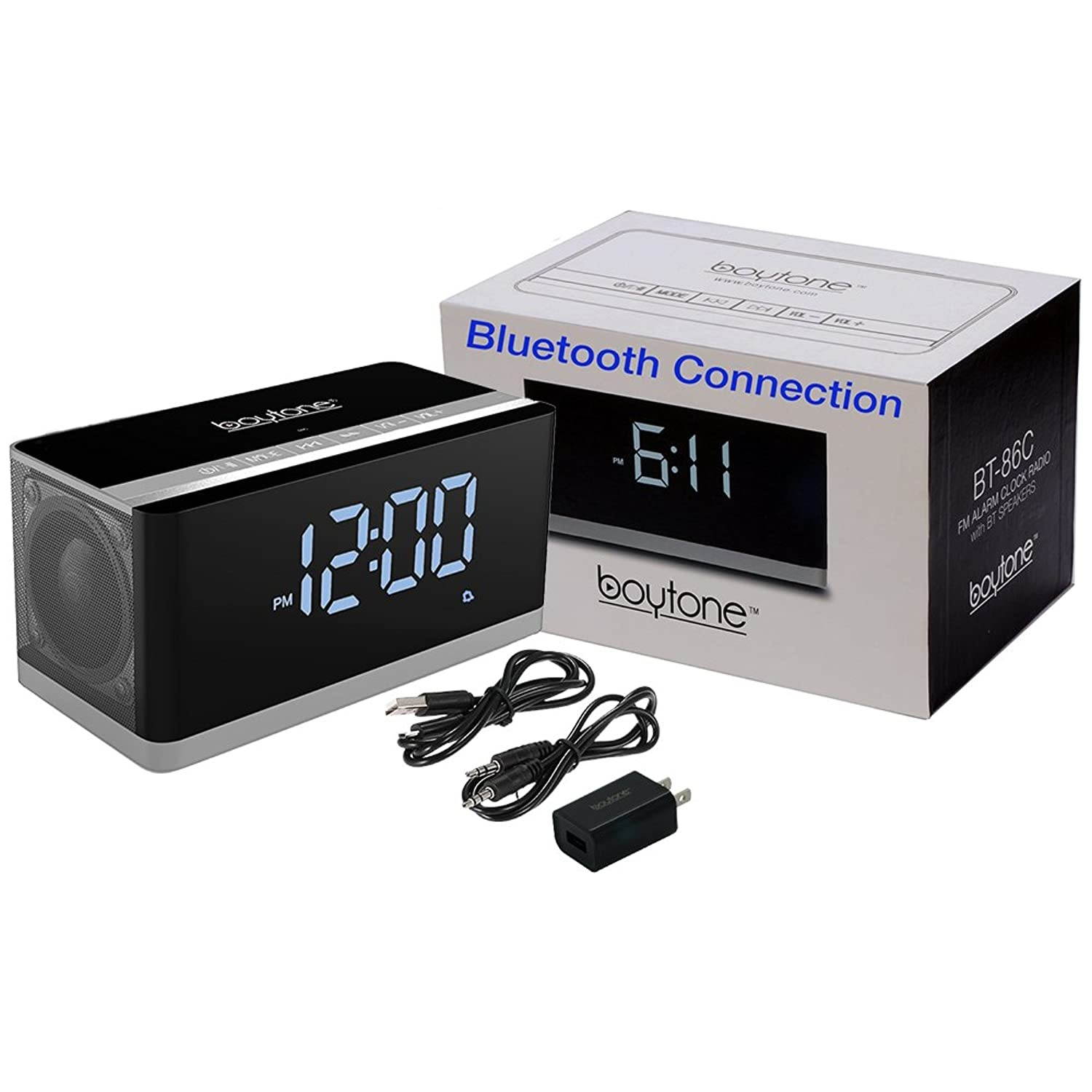 Boytone BT-86C Bluetooth 4.1 Portable Alarm Clock Radio Wireless Speaker, Digital FM Tuning Built&ndash;in 8 Hours Play Rechargeable Battery, Mic, Large LED Display, USB, Micro SD Slot, AUX, 110/220 Volt