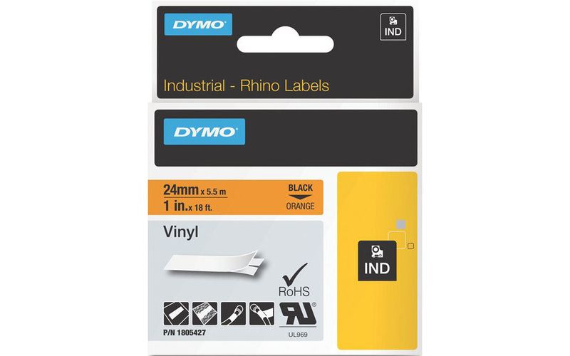 Dymo Black on Orange Color Coded Label - Permanent Adhesive - 1" Width x 18 3/64 ft Length - Thermal Transfer - Orange - Vinyl