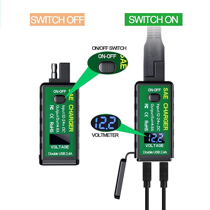 Upgraded Version  48A Motorcycle USB Charger SAE to USB Adapter with Voltmeter amp ONOff Switch 3 Install Options Waterproof Quick Disconnect Plug for Smart Phone Tablet GPS