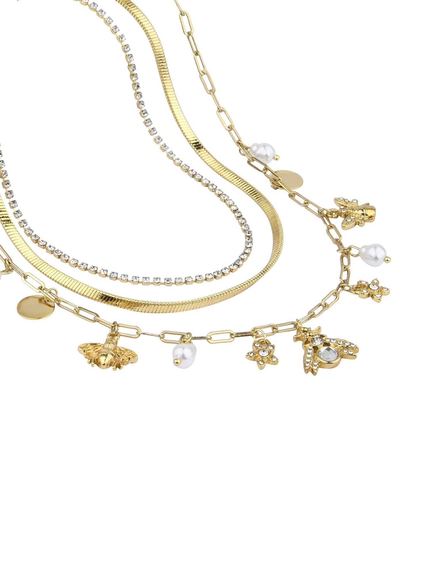 Lilly & Sparkle Gold Toned Three-Layered Necklace with Cup Chain, Pearl, and Insects Charms