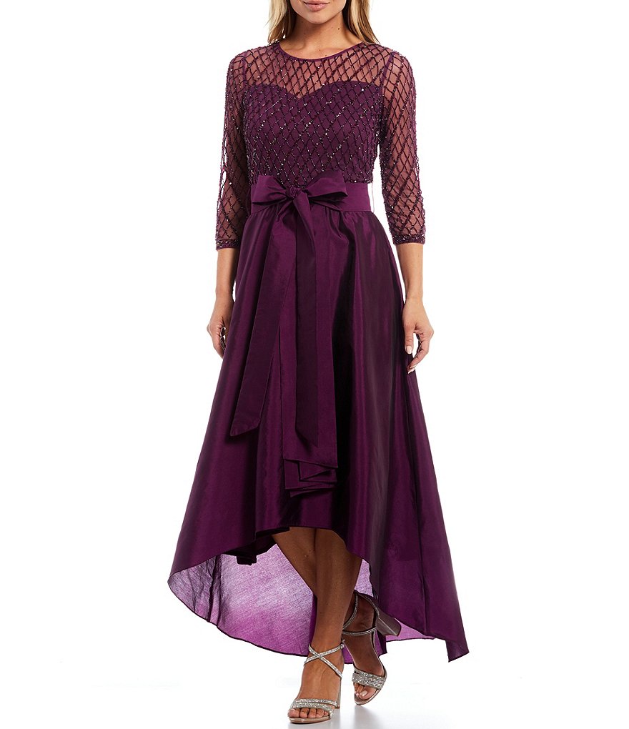 Pisarro Nights Beaded Bodice Hi-Low Boat Neck 3/4 Sleeve Dress