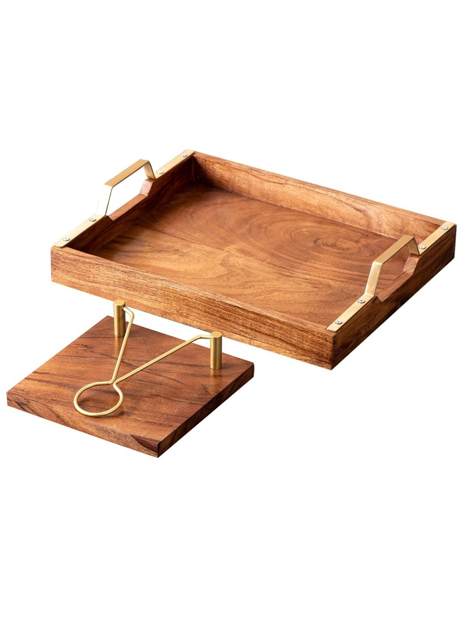 Nestroots Brown Wood Serving Tray and Napkin Holder Set