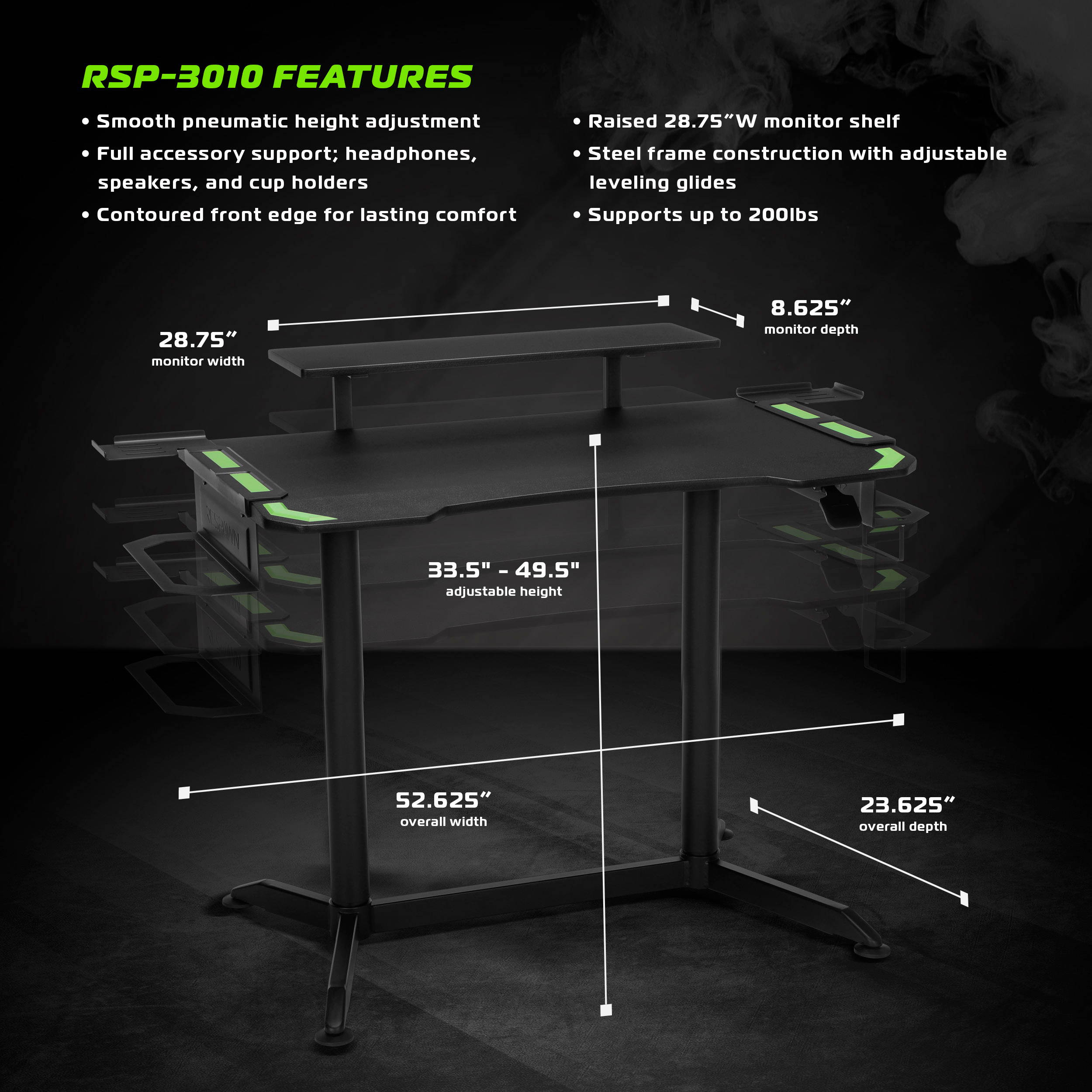 RESPAWN 3010 Gaming Computer Desk - Ergonomic Height Adjustable Gaming Desk, in Green (RSP-3010-GRN)