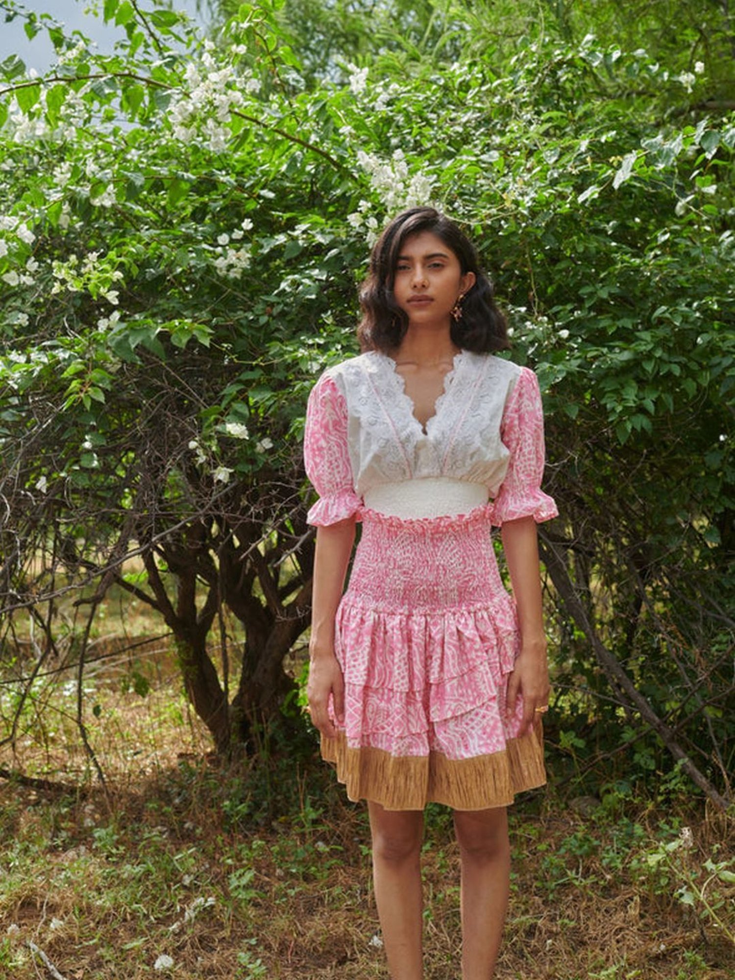 Khajoor Studio White & Pink Sundaze Barbie Smocked Meadow Print Crop Top & Skirt Co-ord Set