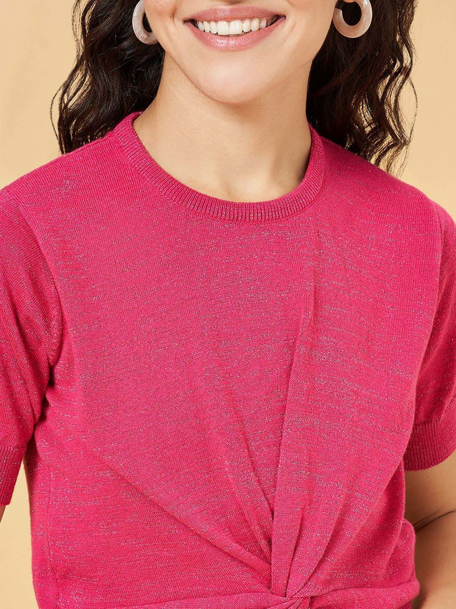 People by Pantaloons Pink Cotton Textured Crop Top