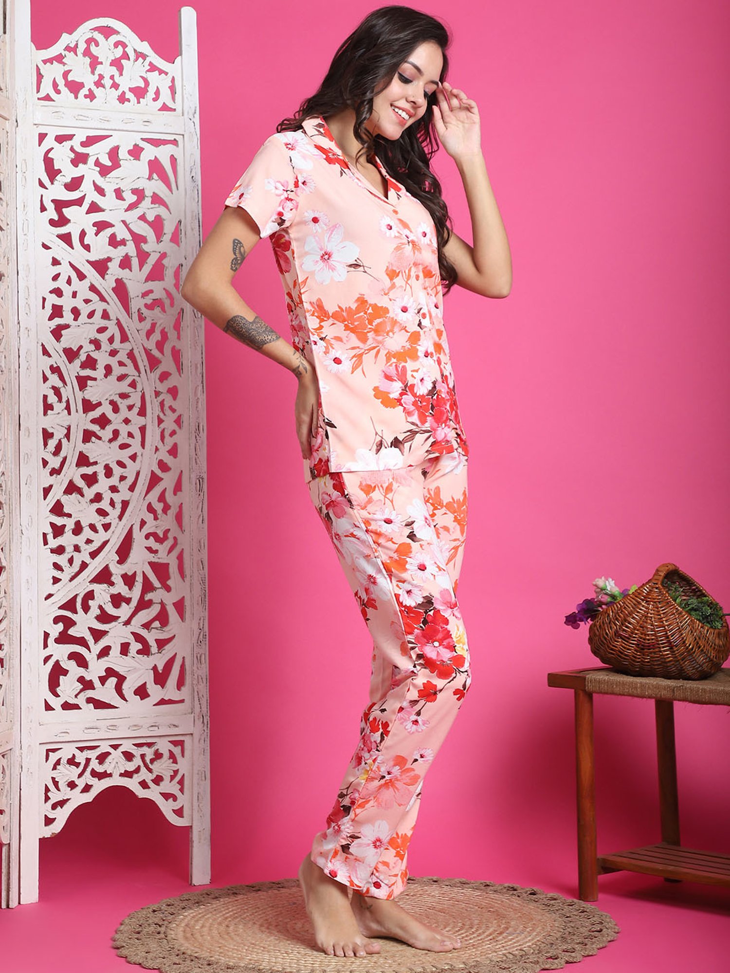 Boston Club Pink Printed Top With Pyjamas