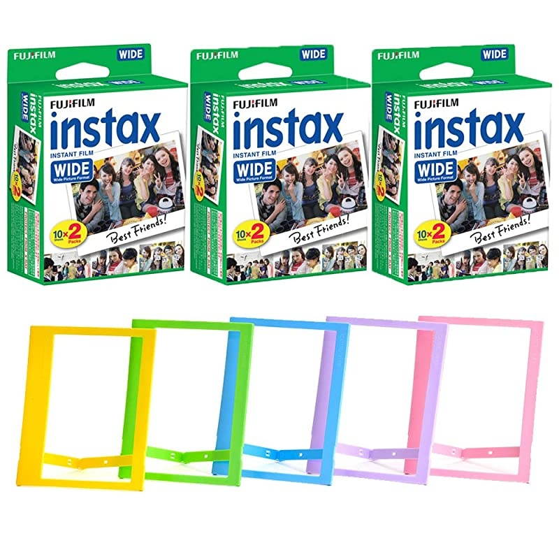 Instax Wide Instant Film + Plastic Photo Frames (Blue, Green, Pink, Yellow & Purple &ndash; Deluxe Bundle (60 Film)