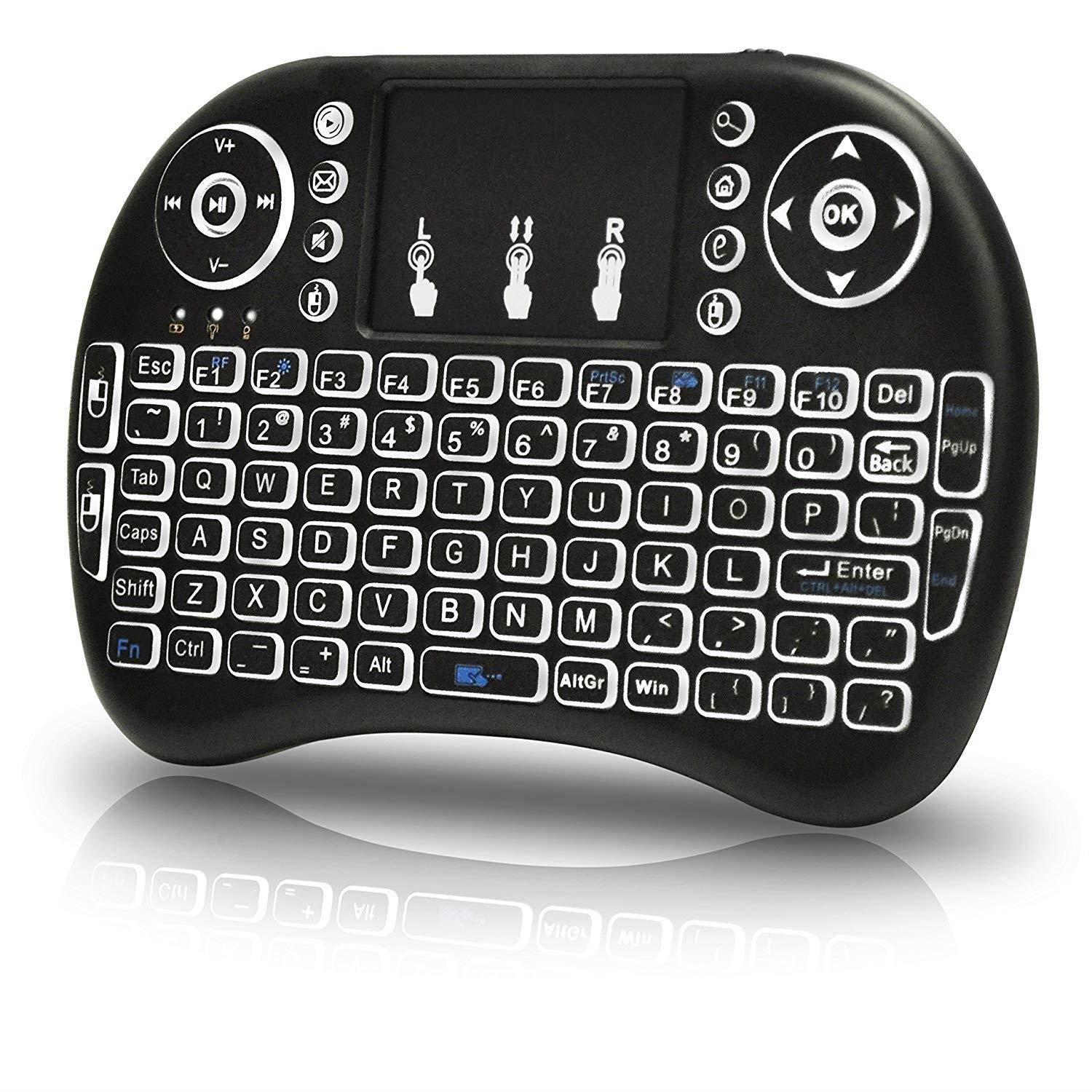 Universal i9 2.4Ghz USB Wireless Keyboard Mouse for Linux Chrome Mac Windows 10 Computer or Android TV Box - Rechargeable Battery - Backlit, Green