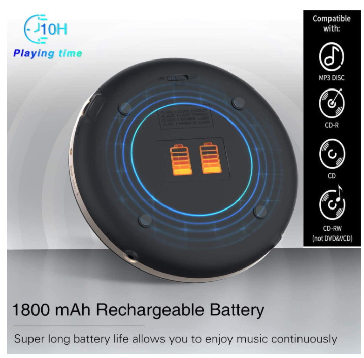 CD903TF Portable CD Player for Car Speakers with FM Transmitter Bluetooth Rechargeable Touch Button Backlight Display Black