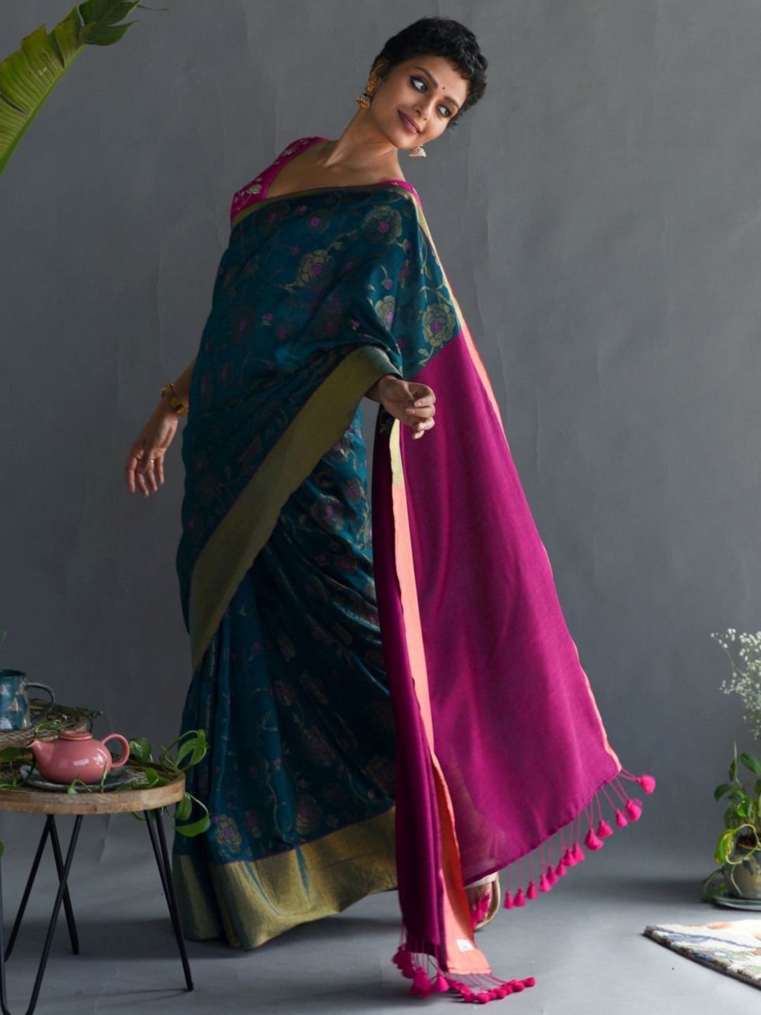 Unnati Silks Red Silk Printed Saree With Unstitched Blouse