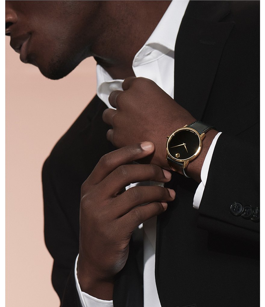 Movado Museum Classic Gold-Toned Case Black CalfSkin Watch