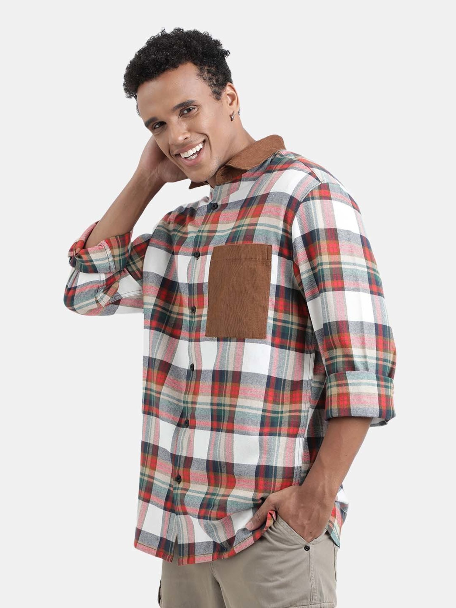 Bene Kleed Brown & White Relaxed Fit Check Cotton Shirt