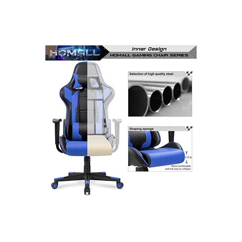 Gaming Chair Office Chair High Back Computer Chair Leather Desk Chair Racing Executive Ergonomic Adjustable Swivel Task Chair with Headrest and Lumbar Support (Blue)