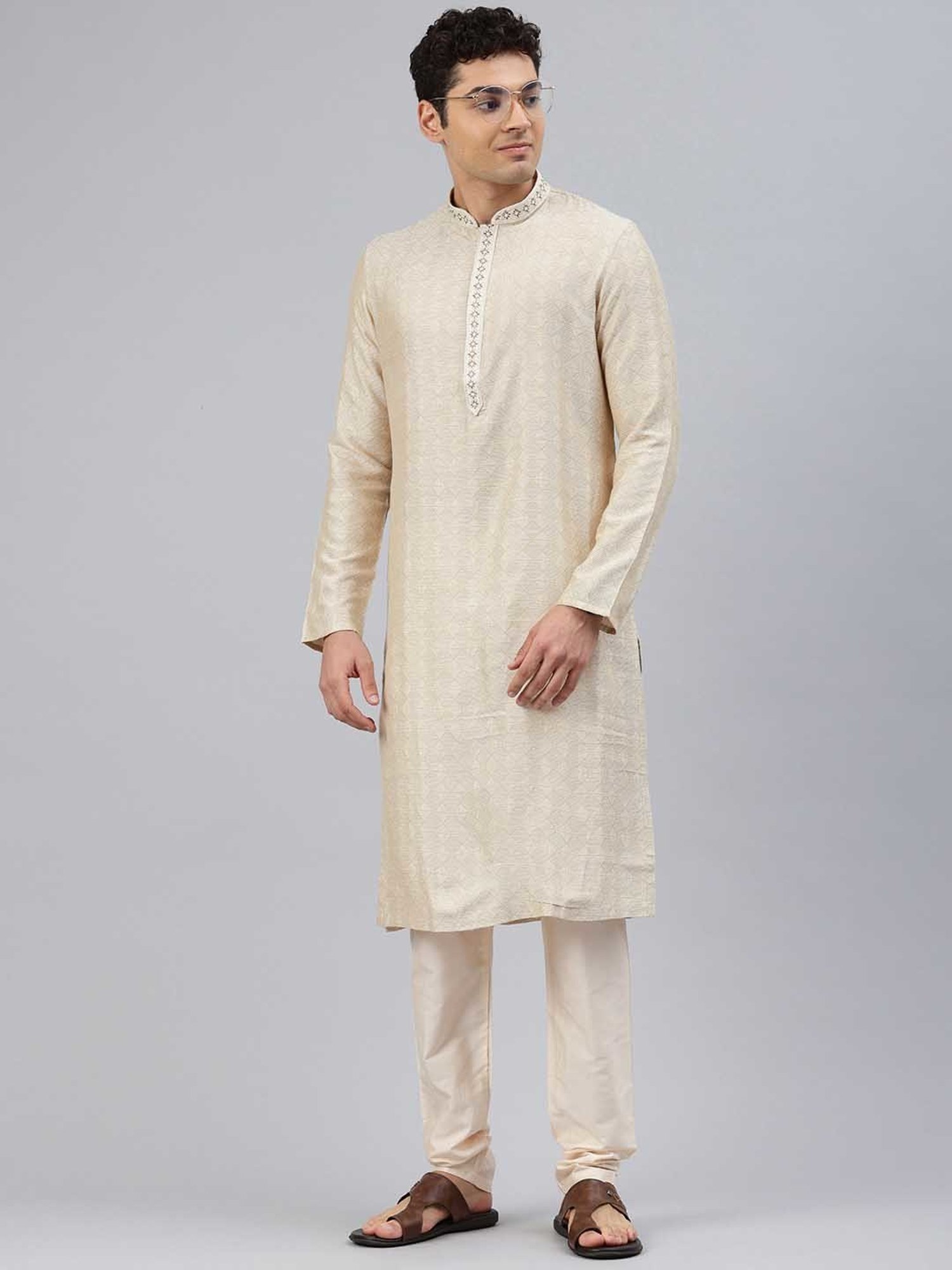 Manthan Beige Regular Fit Self Design Kurta & Pyjamas Set