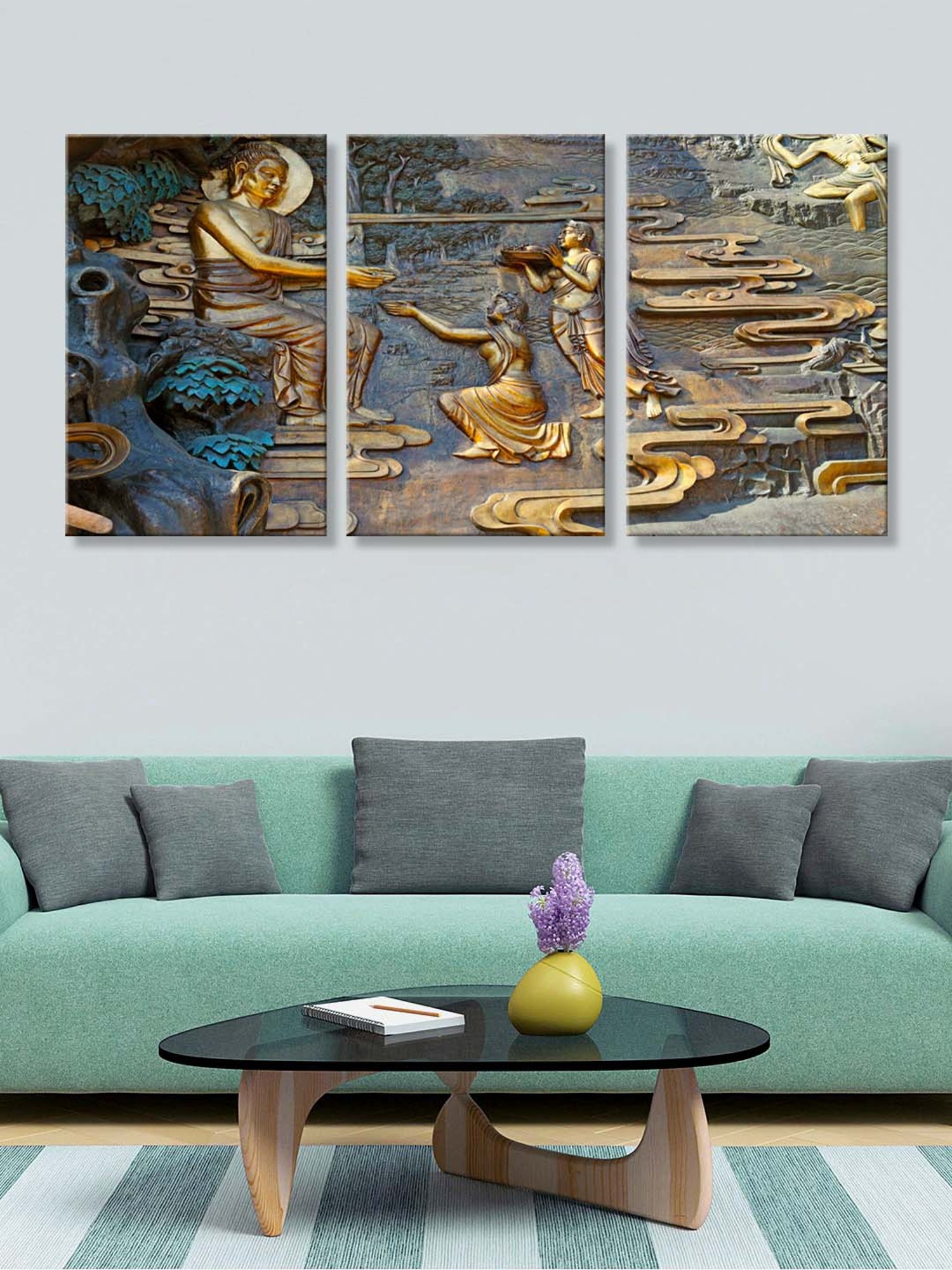 999Store Gold & Blue Buddha Art 3 Frame Canvas Paintings
