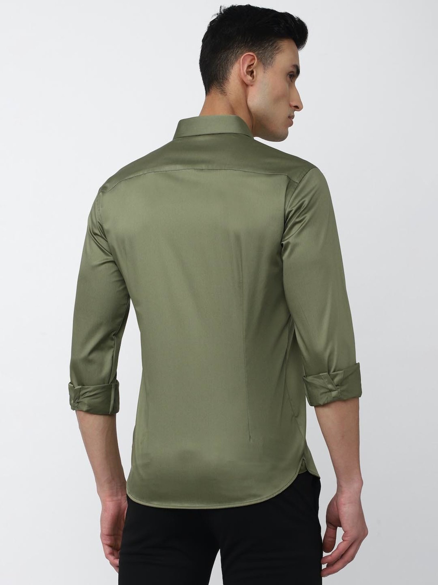 V Dot Green Cotton Slim Fit Shirt